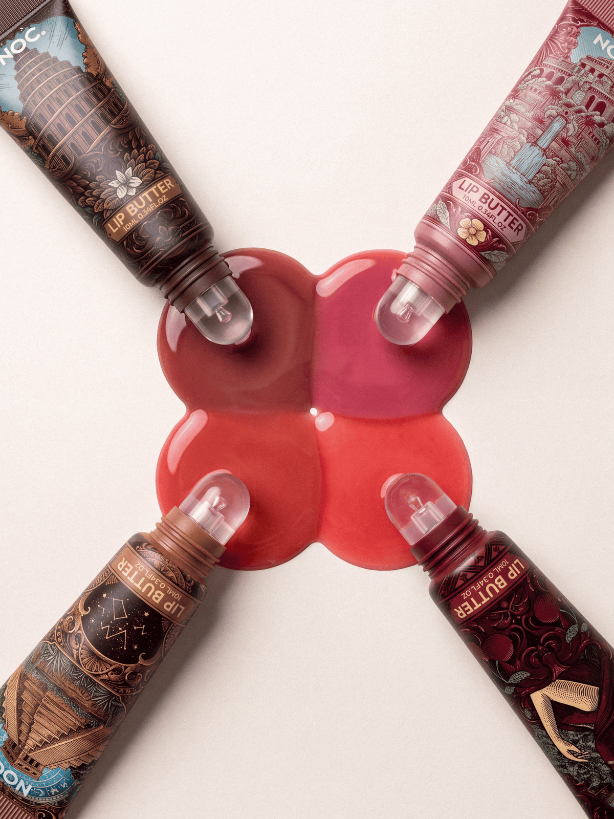 Farbmuster aller 4 NOC. Lip Butter: Occult Glow in Terrakotta, Hedon Flame in Kirschrot, Lust Garden in Rosé und Sin Tower in Nude-Braun