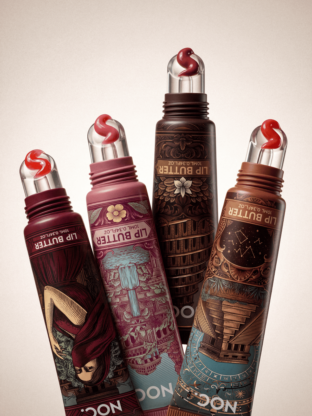 Alle 4 NOC. Lip Butter mit Peptiden: Hedon Flame, Lust Garden, Sin Tower und Occult Glow, getönter Lippenbalsam