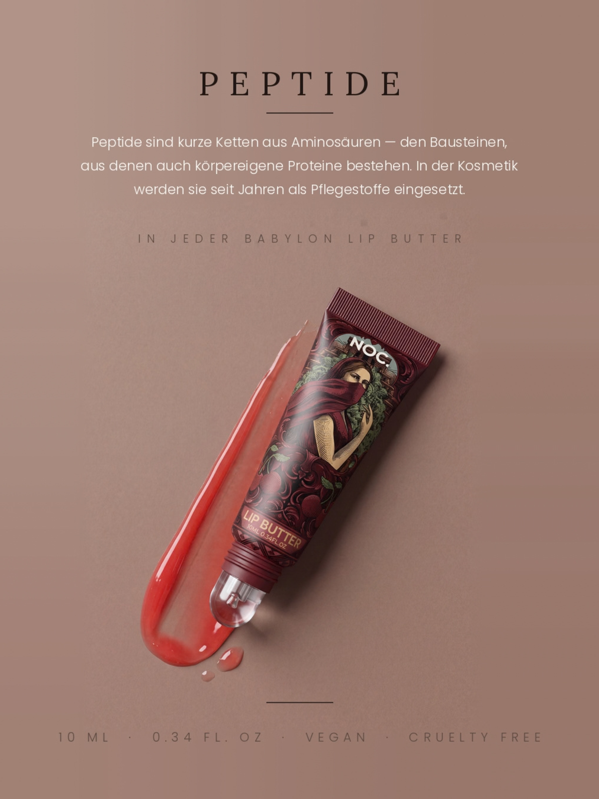 Infografik Peptide: Hedon Flame Lip Butter von NOC. Cosmetics, getönter Lippenbalsam mit Peptiden in Kirschrot, 10 ml