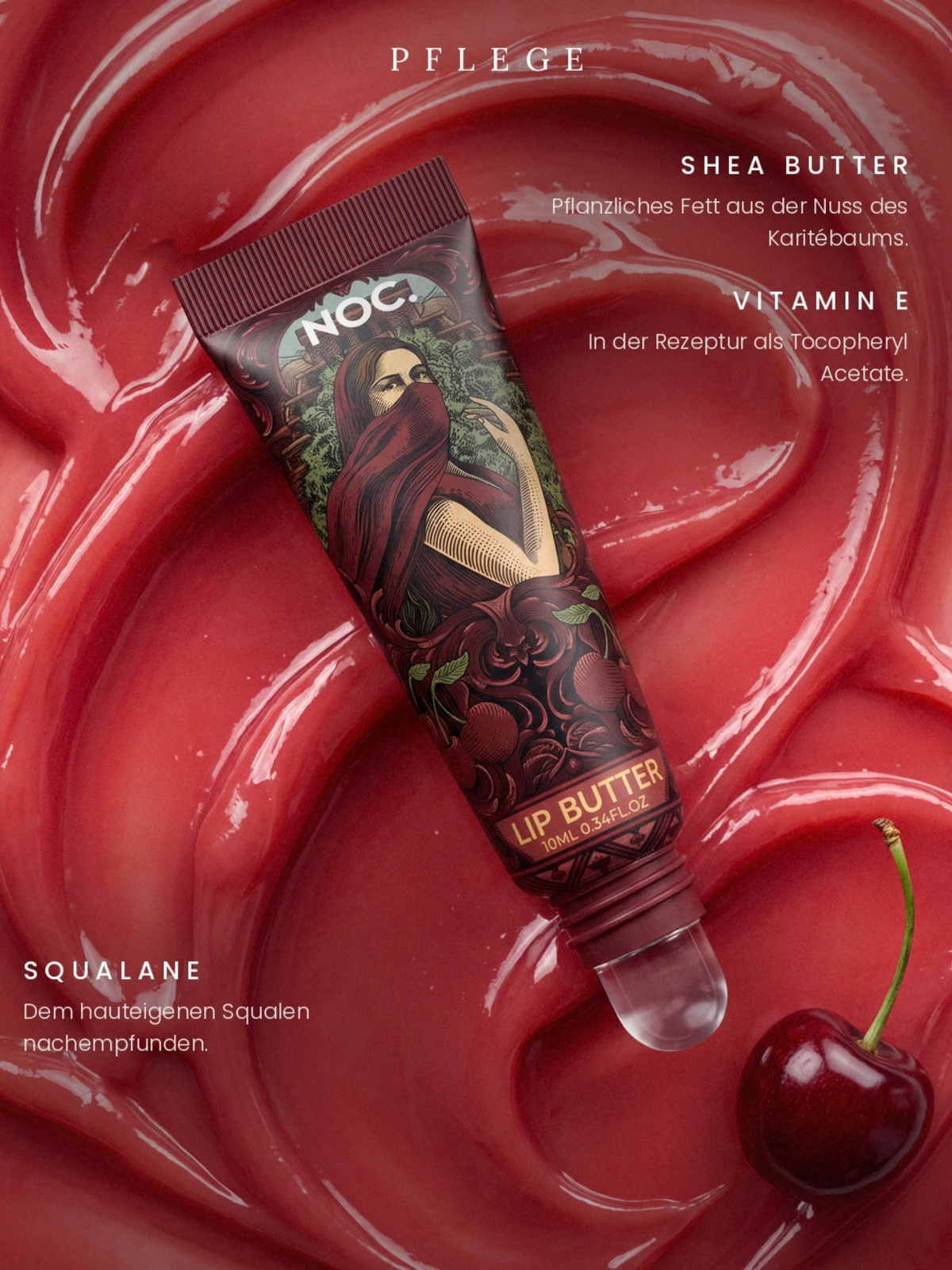 Infografik Pflege: Hedon Flame Lip Butter von NOC. Cosmetics mit Sheabutter, Squalan und Vitamin E, Kirsch-Aroma