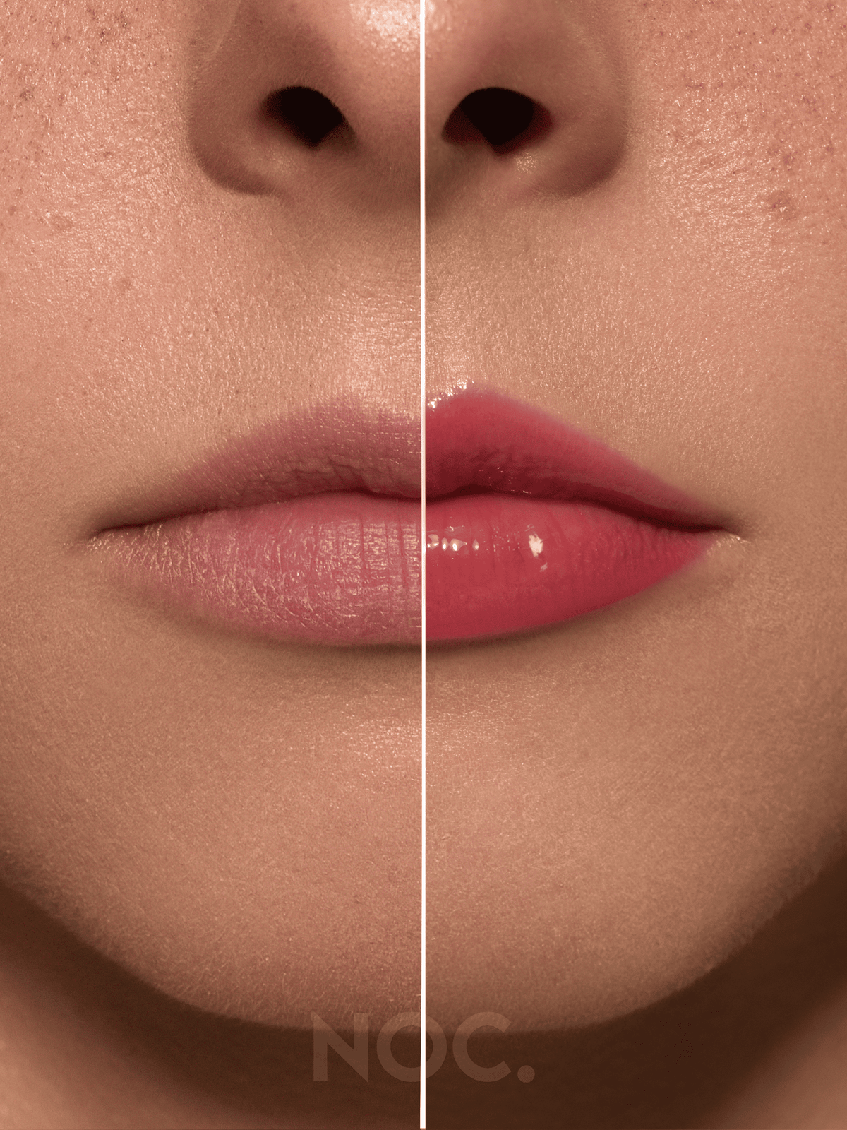 Vorher-Nachher: Lippen ohne und mit Hedon Flame Lip Butter in sattem Kirschrot, getönter Lippenbalsam mit Peptiden