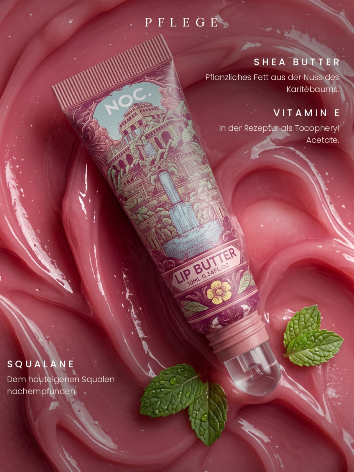nfografik Pflege: Lust Garden Lip Butter von NOC. Cosmetics mit Sheabutter, Squalan und Vitamin E, Minz-Aroma