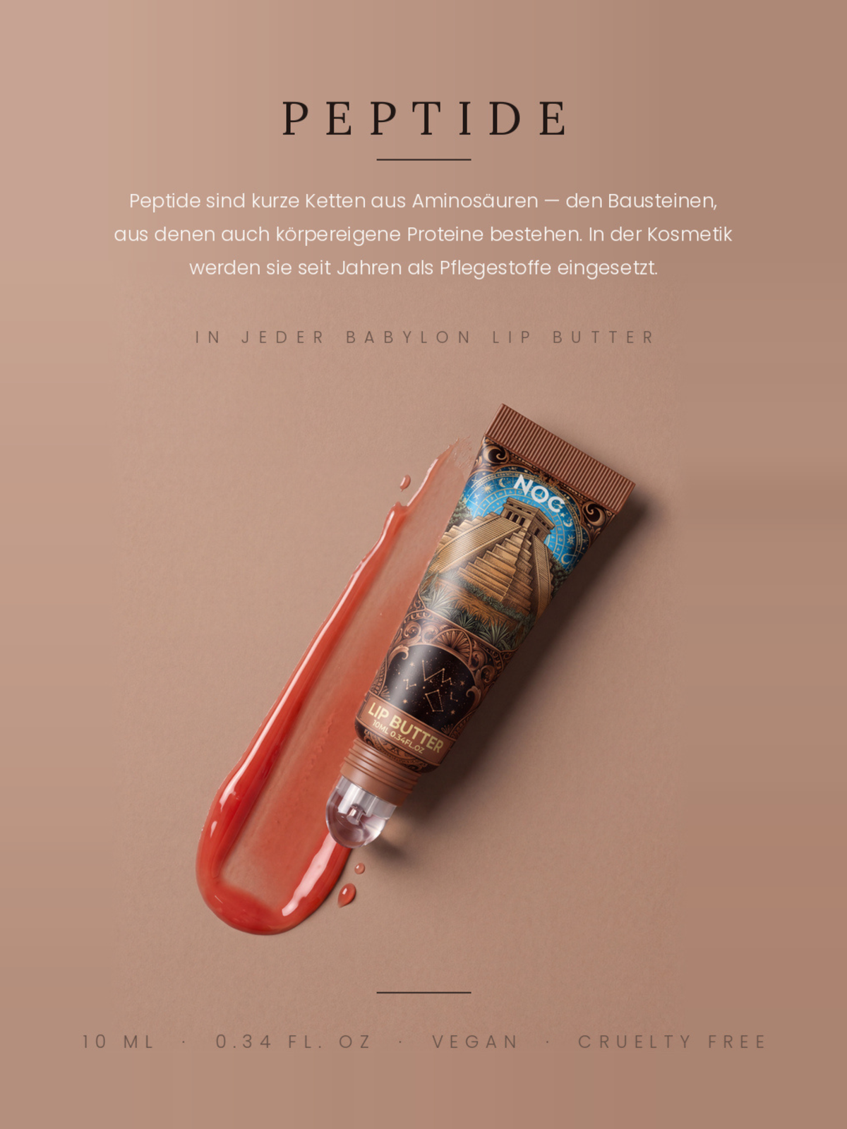 Infografik Peptide: Occult Glow Lip Butter von NOC. Cosmetics, getönter Lippenbalsam mit Peptiden in Terrakotta, 10 ml