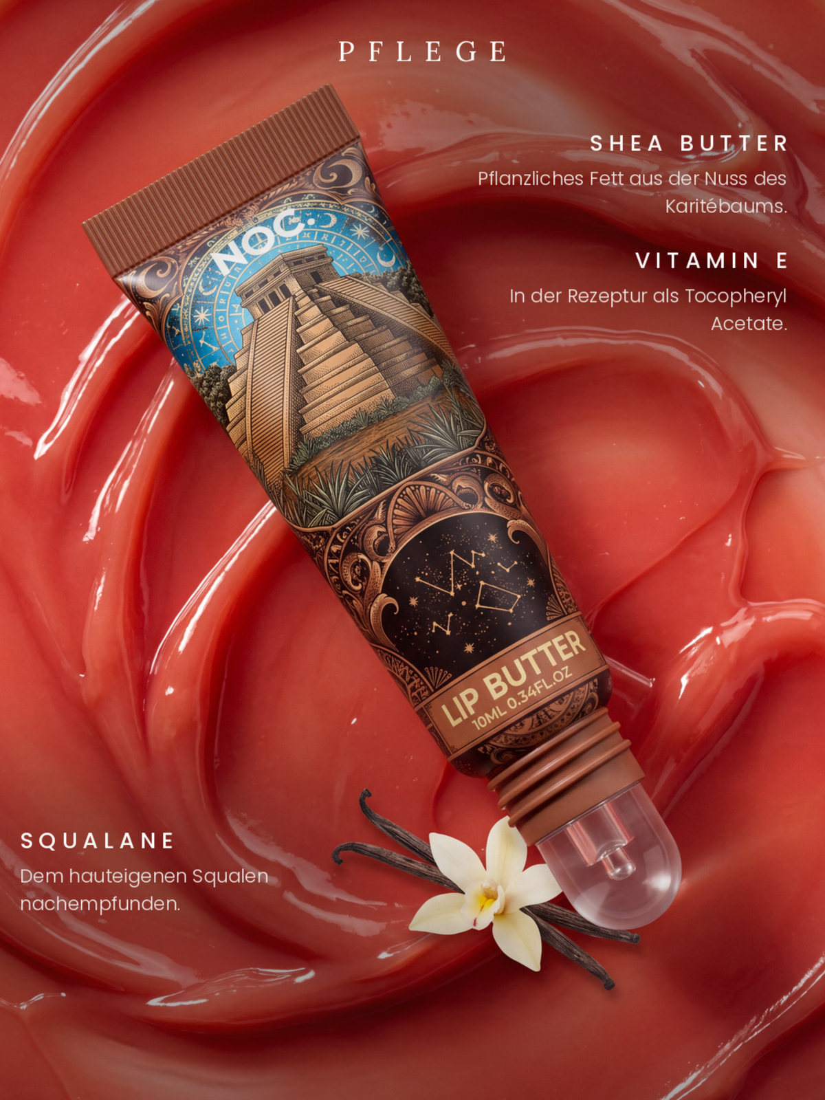Infografik Pflege: Occult Glow Lip Butter von NOC. Cosmetics mit Sheabutter, Squalan und Vitamin E, Vanille-Aroma
