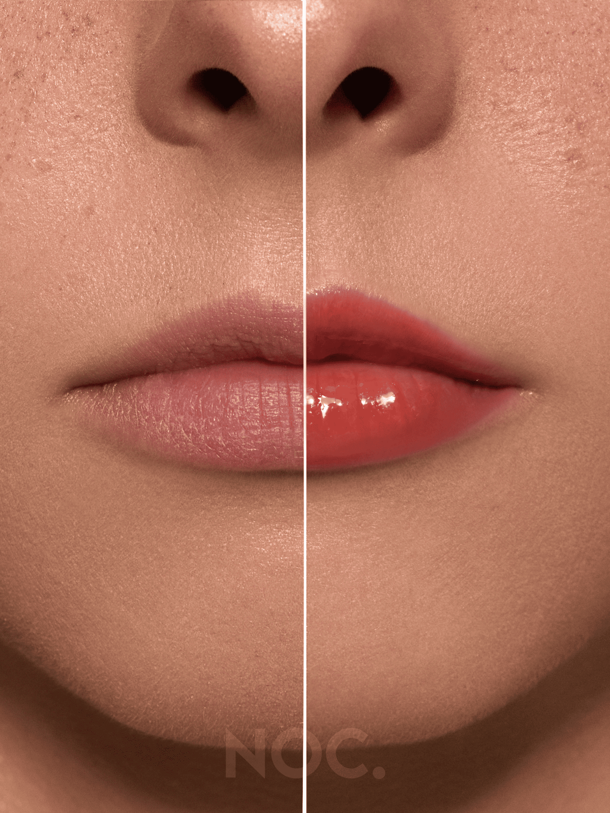 Vorher-Nachher: Lippen ohne und mit Occult Glow Lip Butter in warmem Terrakotta, getönter Lippenbalsam mit Peptiden