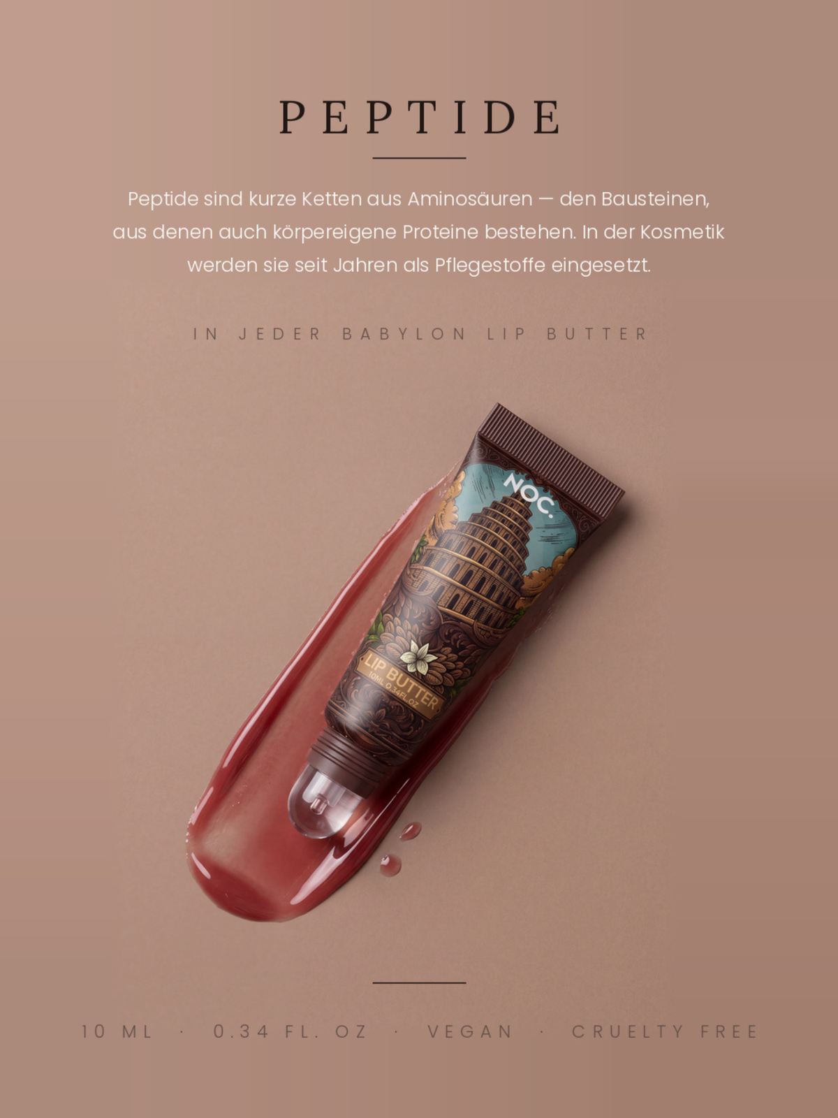 Infografik Peptide: Sin Tower Lip Butter von NOC. Cosmetics, getönter Lippenbalsam mit Peptiden in Nude-Braun, 10 ml