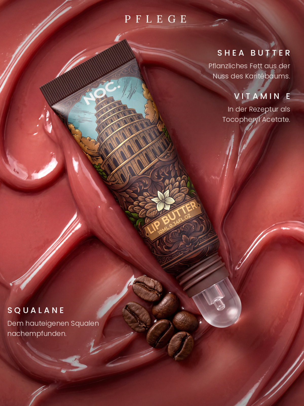 Infografik Pflege: Sin Tower Lip Butter von NOC. Cosmetics mit Sheabutter, Squalan und Vitamin E, Kaffee-Aroma