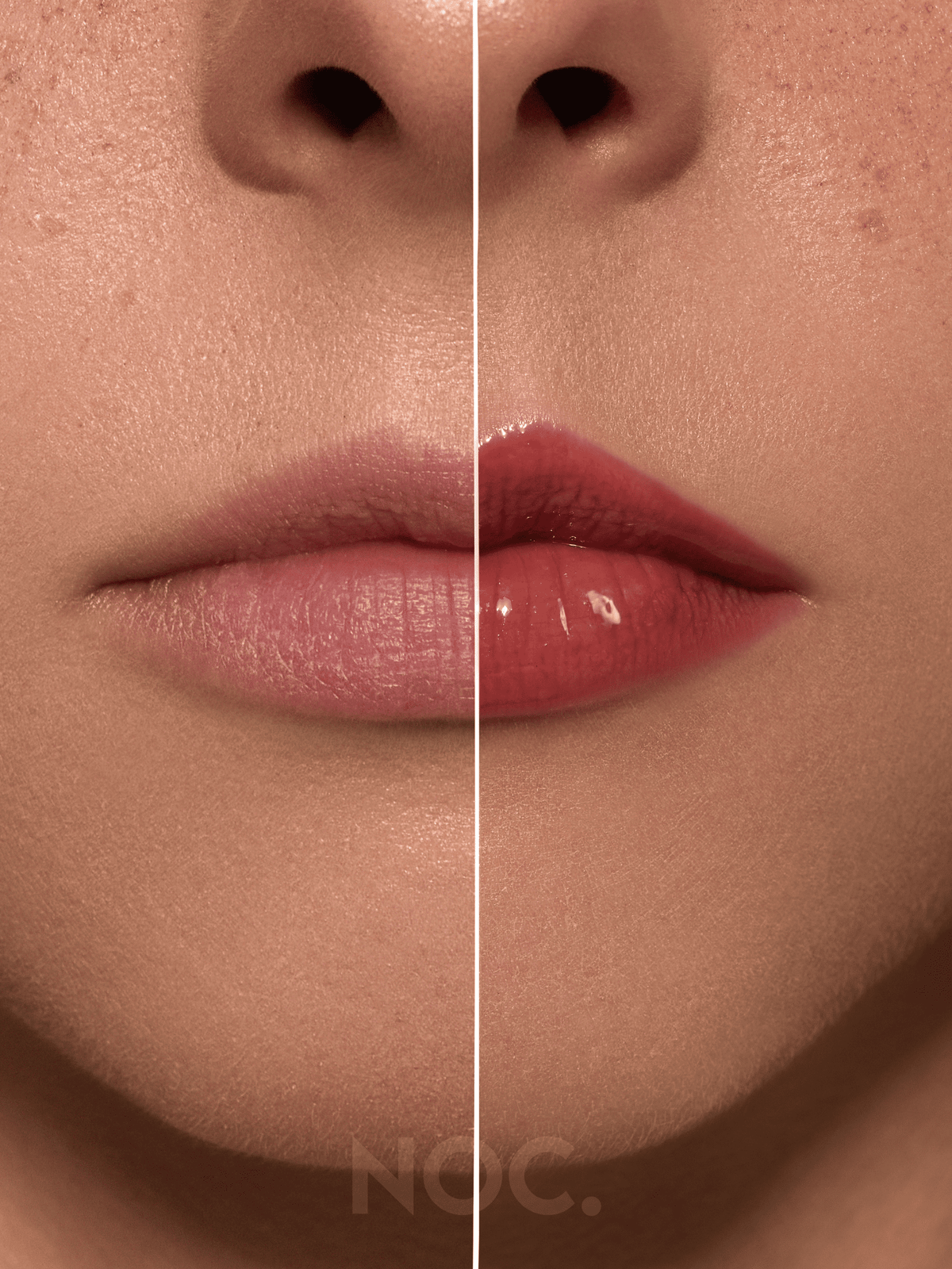 Vorher-Nachher: Lippen ohne und mit Sin Tower Lip Butter in warmem Nude-Braun, getönter Lippenbalsam mit Peptiden